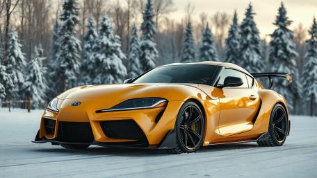 Yellow Toyota Supra JDM Supercar on Snowy Forest Road 5K Wallpaper wallpaper