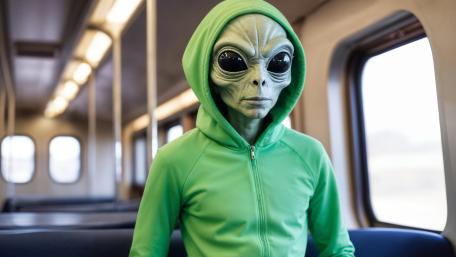 Deadpan Hoodie Alien Takes the Subway Like It Is Totally Normal wallpaper