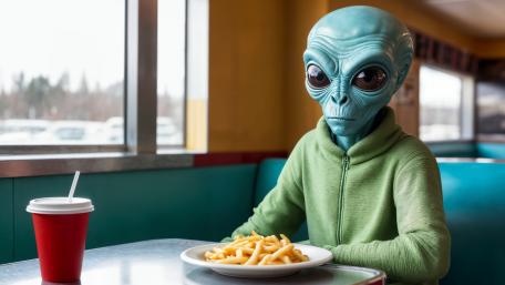 Deadpan Grey Alien Enjoying Fast Food Fries in a Retro Diner wallpaper