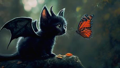 Whimsical Dragon Kitten Meets a Butterfly in Dreamy Forest Glow wallpaper