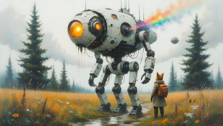 Rainbow Exhaust Mech and Fox Wanderer in Misty Retro Future Meadow wallpaper