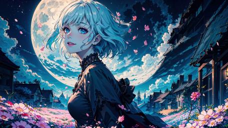 Moonlit Sakura Serenade Blue Haired Kimono Girl in Anime Night wallpaper