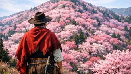 Gaucho in Red Poncho Over a Mountain of Spring Blossoms wallpaper