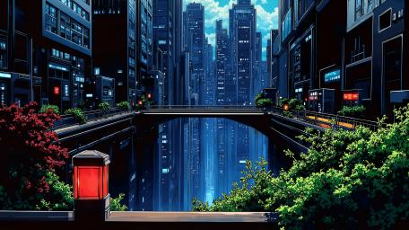 Neon Reflections Over a Silent Cyberpunk Canal in Anime Metropolis wallpaper