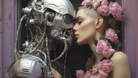 Petals Against Chrome A Futuristic Love Moment in Soft Glow wallpaper