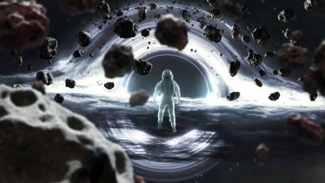 Astronaut Adrift in an Asteroid Torrent Toward a Silent Wormhole wallpaper