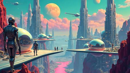 Chrome Pilgrim Above the Pink Cloud Megacity wallpaper