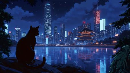 Silhouetted Black Cat Watching Neon City Reflections at Midnight wallpaper