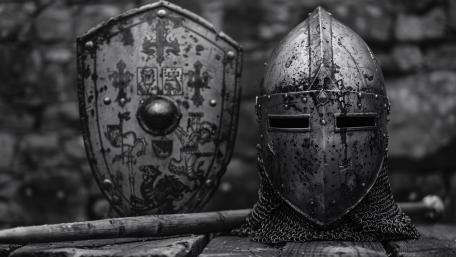 Monochrome Crusader Armor Helm and Shield of a Medieval Warrior wallpaper