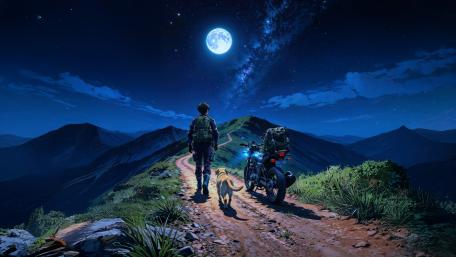 Moonlit Alpine Ridge Adventure with Anime Traveler and Loyal Dog wallpaper