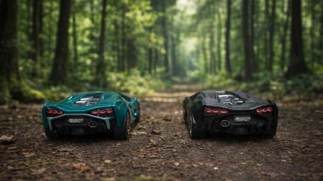 Lamborghini Sián Models Cruising a Quiet Forest Road Rear View wallpaper