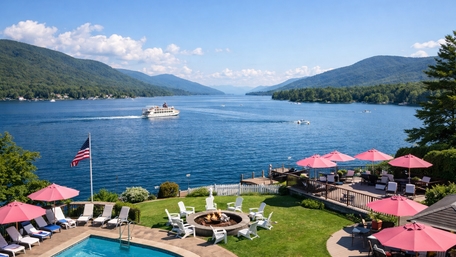 Lakeside Hotel Vista Over Lake George Bay and Mountain Ridges wallpaper