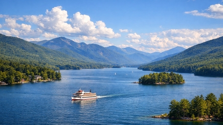 Serene Lake George Cruise Through Mountain Valley Waters wallpaper