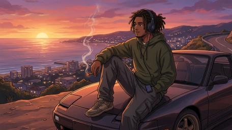 Sunset Cruise Lofi Anime Vibes Over Coastal City Lights wallpaper