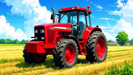 Crimson Anime Tractor Rolling Through Golden Harvest Fields wallpaper