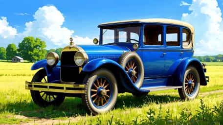 Sunlit Vintage Blue Sedan in Anime Countryside wallpaper