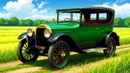 Vintage Green Anime Sedan Rolling Through Sunny Countryside Fields wallpaper