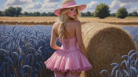 Sunlit Straw Hat Enchantress in a Sapphire Wheat Field wallpaper