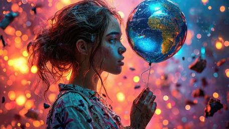 Dreamlike Portrait of a Young Girl Holding an Earth Balloon wallpaper