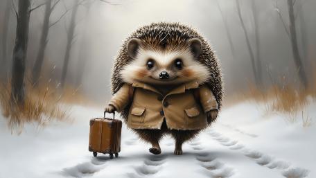 Tiny Hedgehog Traveler in a Snowy Fairytale Forest wallpaper