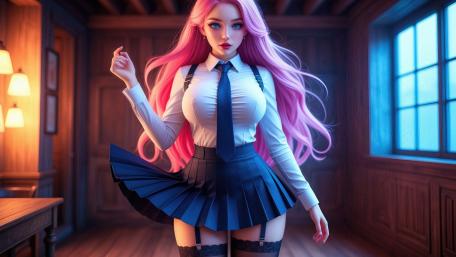 Pink Haired Schoolgirl in Moonlit Hallway Anime Wallpaper wallpaper
