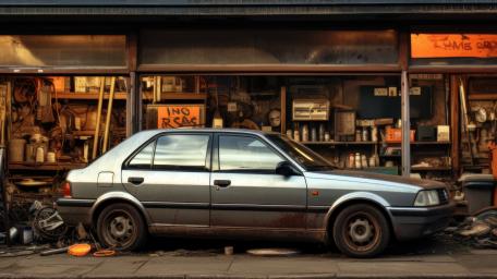 Retro Oldtimer Sedan Resting in a Gritty Garage Workshop wallpaper