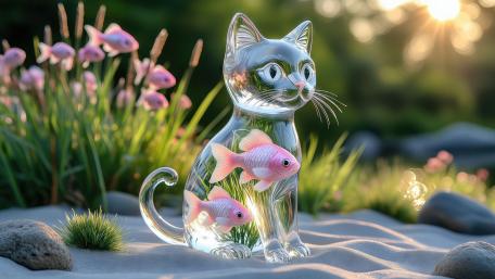 Glass Cat Guardian Holding Two Pink Fish in Sunlit Garden wallpaper