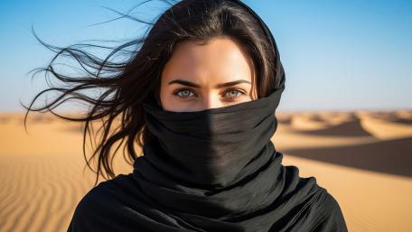 Windblown Desert Beauty with Veiled Face and Intense Gaze wallpaper