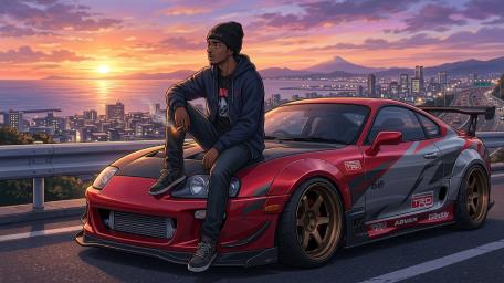 Sunset JDM Dreams with an Anime Toyota Supra wallpaper