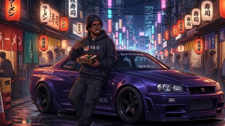 Neon Night Bites with a Nissan Skyline GT-R R34 Anime Mood wallpaper