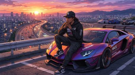 Lo Fi Sunset Cruise Anime Lamborghini Aventador Streetwear Vibes wallpaper