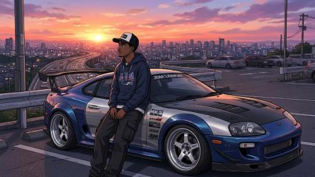 Sunset Lofi Drive Anime Guy and Toyota Supra Chill wallpaper