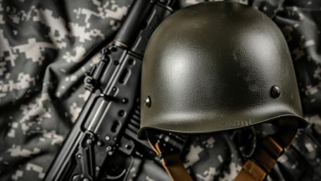 Tactical Army Helmet and Rifle on Digital Camouflage 4K Wallpaper wallpaper