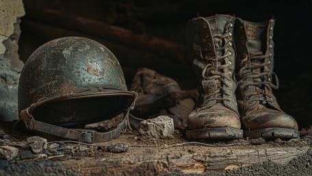Rusty Helmet and Muddy Army Boots in Silent Battlefield Still Life wallpaper