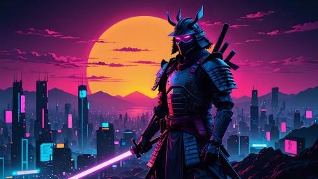 Neon Ronin Sentinel Watching the Sunset Megacity Skyline wallpaper
