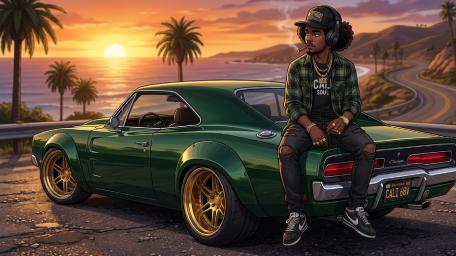 LoFi Sunset Cruise With Anime Muscle Car And Afro Driver Vibes wallpaper
