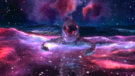 Astronaut Drifting Through Neon Cosmic Seas Beneath a Starry Sky wallpaper