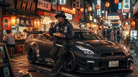 Neon Street Bites With Afro Driver and Nissan GT R R35 wallpaper