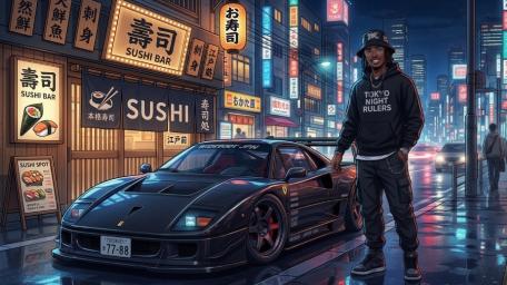 Neon Tokyo Night Ride With Ferrari F40 Anime Street Vibes wallpaper