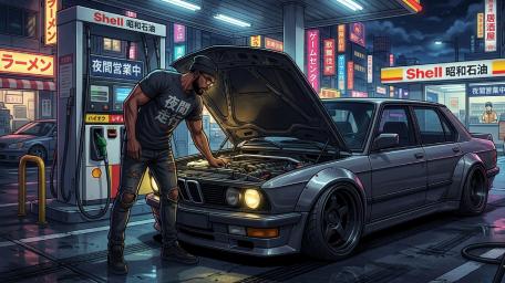 Midnight Tune Up at Neon Gas Station with Classic BMW wallpaper