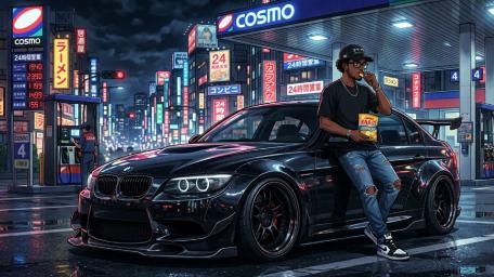 Neon Midnight Pit Stop With Afro Style And BMW Power wallpaper