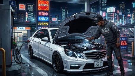 Neon City Pit Stop Afro Mechanic and Mercedes Benz Power wallpaper