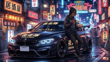 Neon Osaka Night Ride With Anime BMW And Street Food Break wallpaper