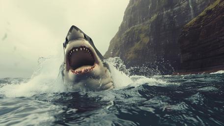 Megalodon Surge Great White Power in Stormy Coastal Waters wallpaper