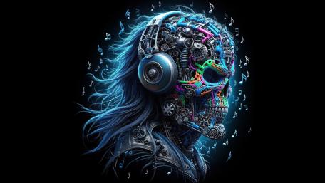 Neon Cyber Skull in Headphones for Dark Music Lovers wallpaper