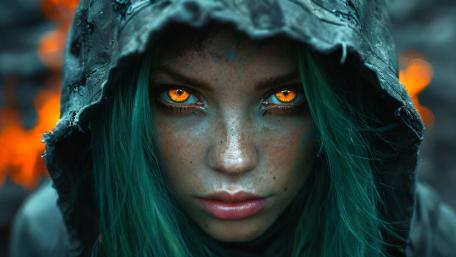 Hooded Sorceress with Burning Orange Eyes and Freckled Resolve wallpaper