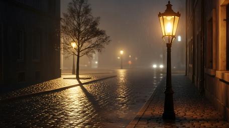 Rainy Night Glow on Cobblestone City Street Lights wallpaper