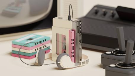 Retrofuturistic Walkman Gadget Scene in Soft Plastic 4K wallpaper