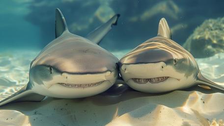 Sunlit Shark Duo Resting on Sandy Seafloor wallpaper