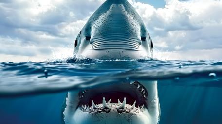 Great White Shark Rising Through Ocean Surface in Dramatic AI Art wallpaper